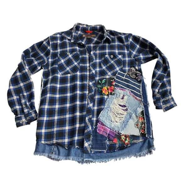 Upcycled Flannel Shirt Shacket Womens 1X Boop Motorcycle Grunge Patchwork Art - Picture 5 of 16